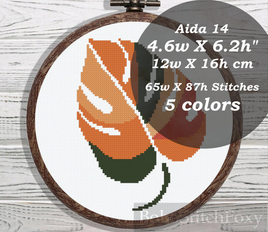 Abstract geometric monstera leaf cross stitch pattern