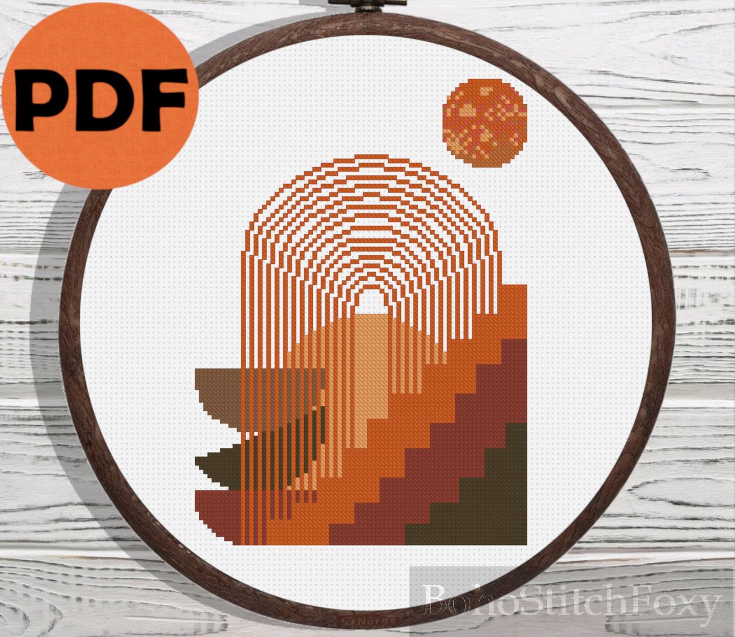 Abstract sun mid century modern landscape cross stitch pattern