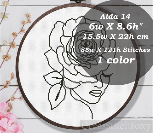 Aesthetic female flower portrait cross stitch pattern