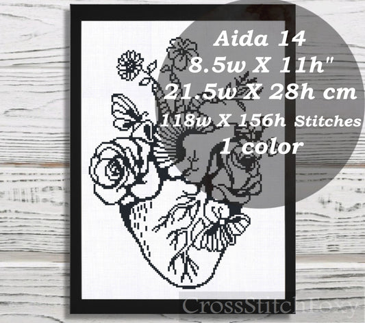 Anatomical Floral Heart cross stitch pattern
