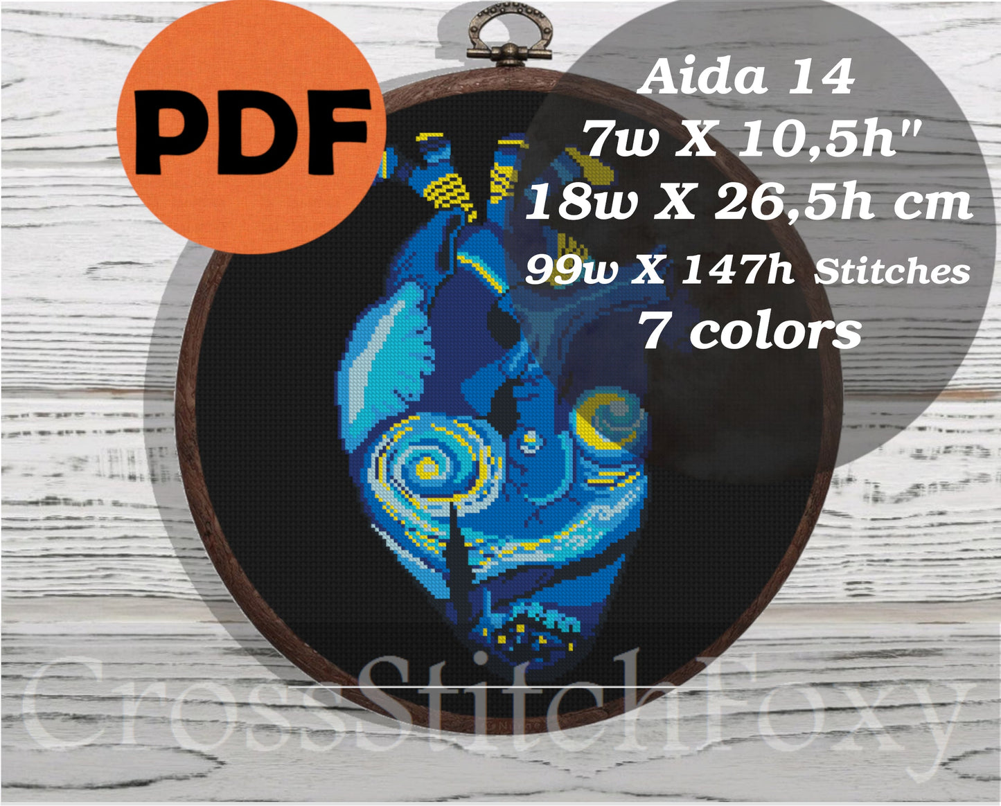 Anatomy heart Starry Night Van Gogh cross stitch pattern
