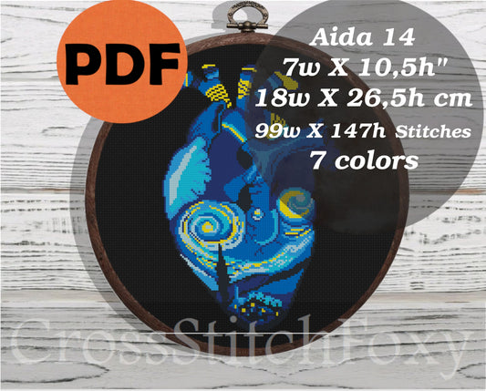 Anatomy heart Starry Night Van Gogh cross stitch pattern