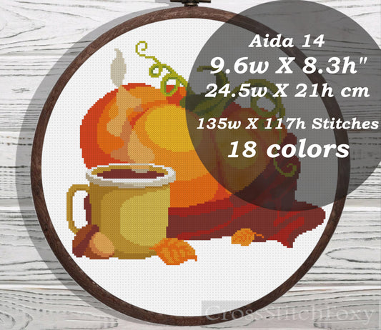 Autumn pumpkin with plaid and coffee cross stitch pattern
