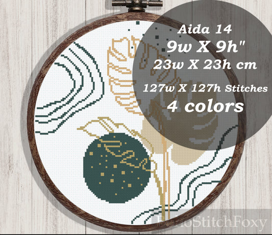 Golden monstera leaves cross stitch pattern