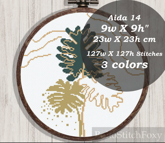 Boho golden tropical leaves cross stitch pattern