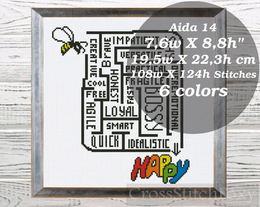 Bee Happy Quote cross stitch pattern