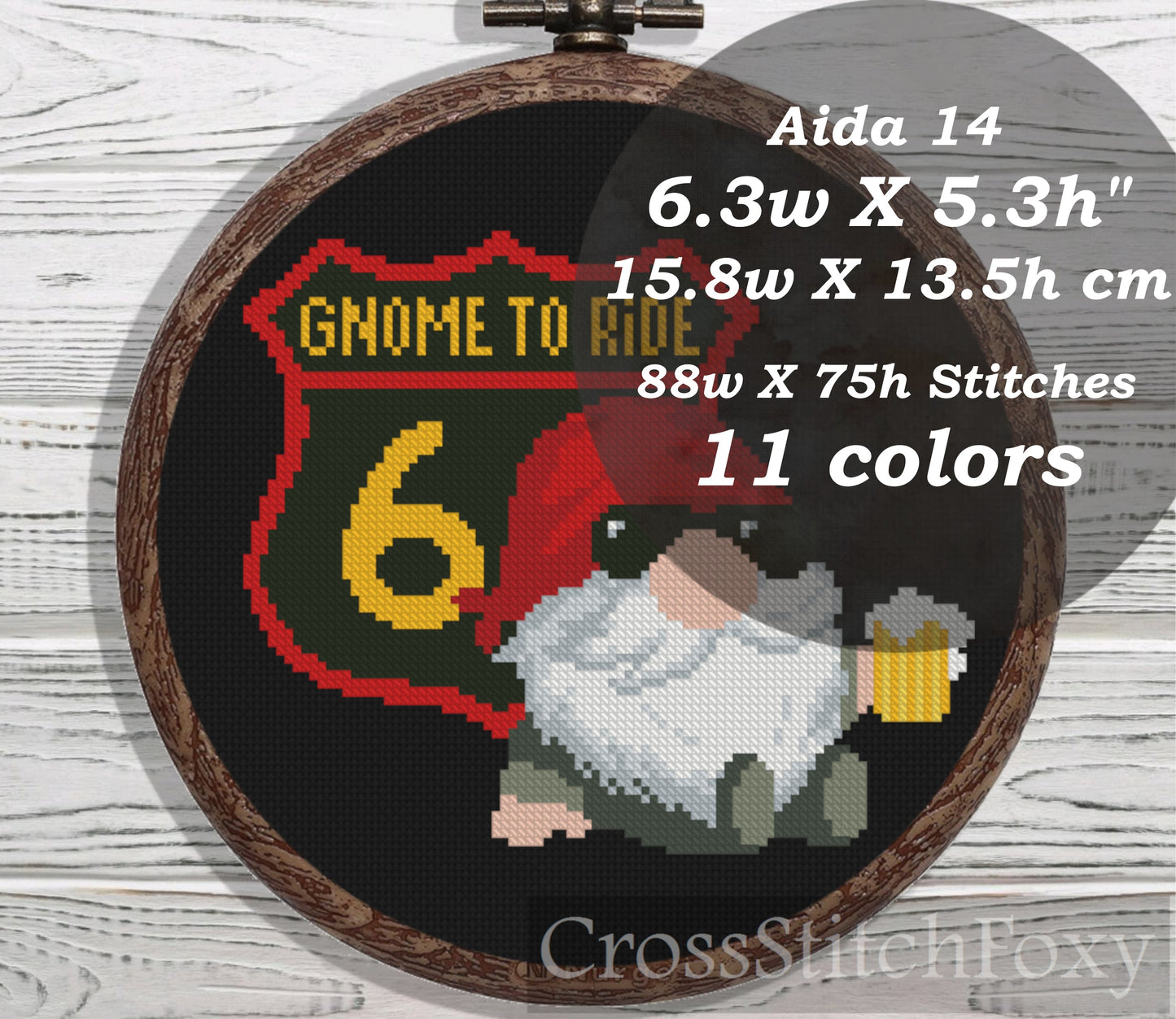 Biker Gnome with Beer cross stitch pattern