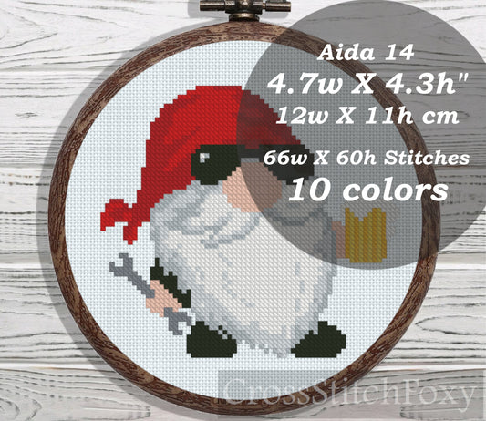 Biker Gnome with Beer cross stitch pattern