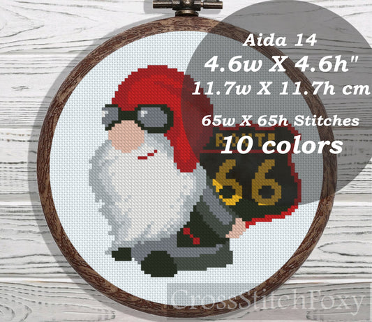 Biker Gnome Road 66 Sign cross stitch pattern