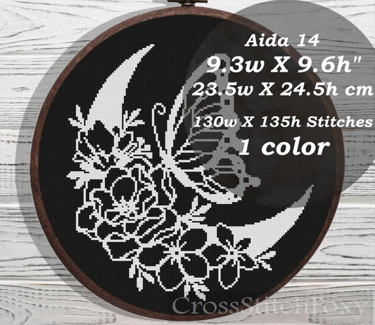 Boho Floral Moon Butterfly cross stitch pattern