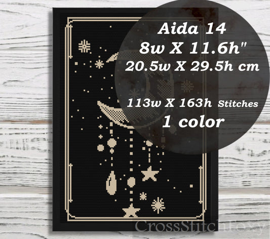 Boho crescent moon cross stitch pattern