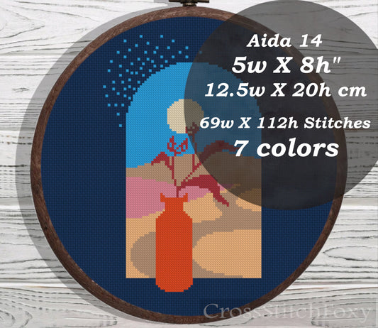 Boho flower moon landscape cross stitch pattern