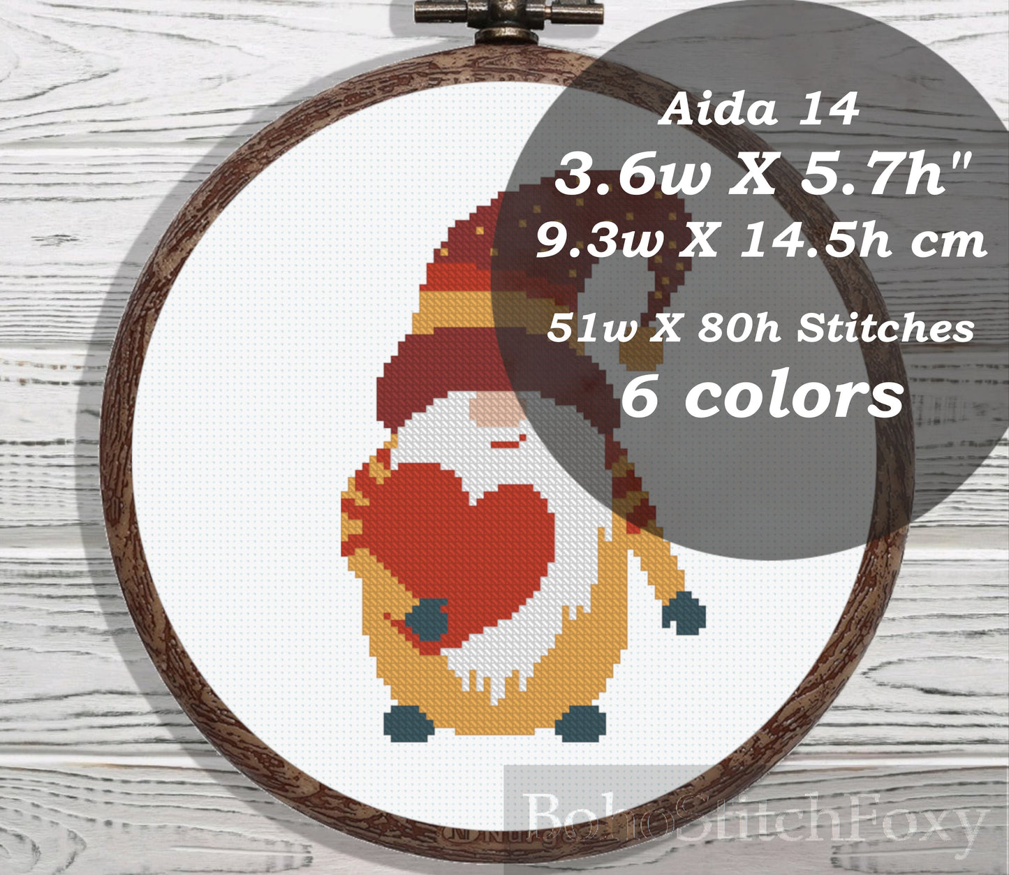 Boho gnome with heart cross stitch pattern