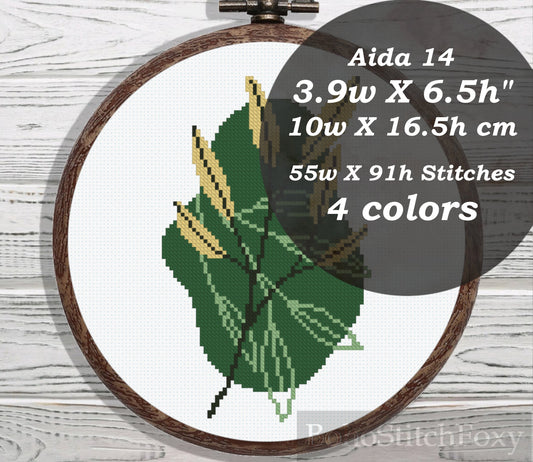 Boho green leaves cross stitch pattern