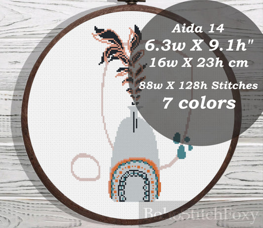 Boho leaf in vase with ornament cross stitch pattern