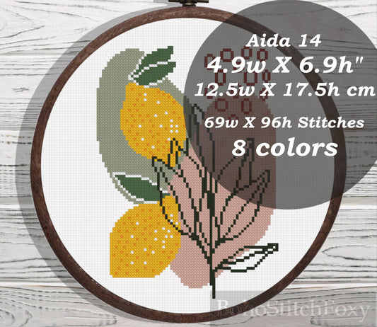 Boho lemon fruits and leaves cross stitch pattern