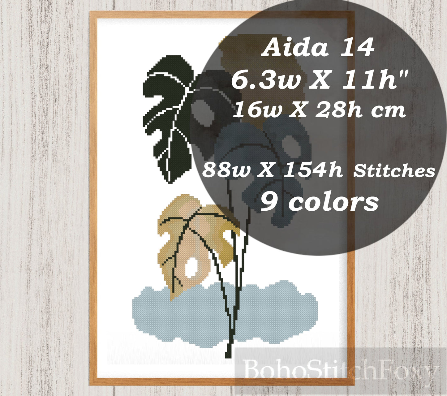 Boho monstera leaf cross stitch pattern