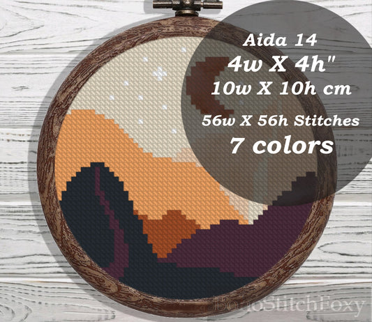 Boho moon landscape mini cross stitch pattern