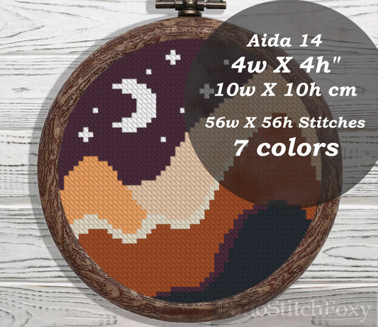 Boho moon night landscape mini cross stitch pattern