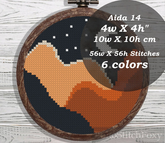 Boho moon night landscape mini cross stitch pattern