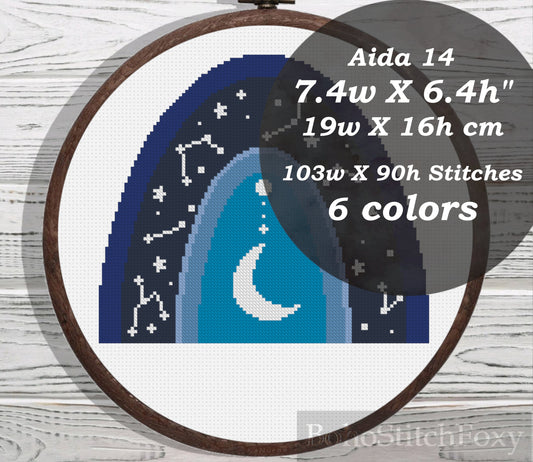 Boho rainbow moon and stars cross stitch pattern