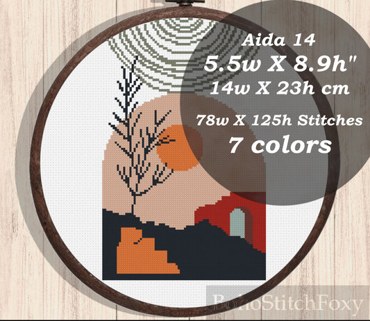 Boho sun mid century modern mini landscape cross stitch pattern