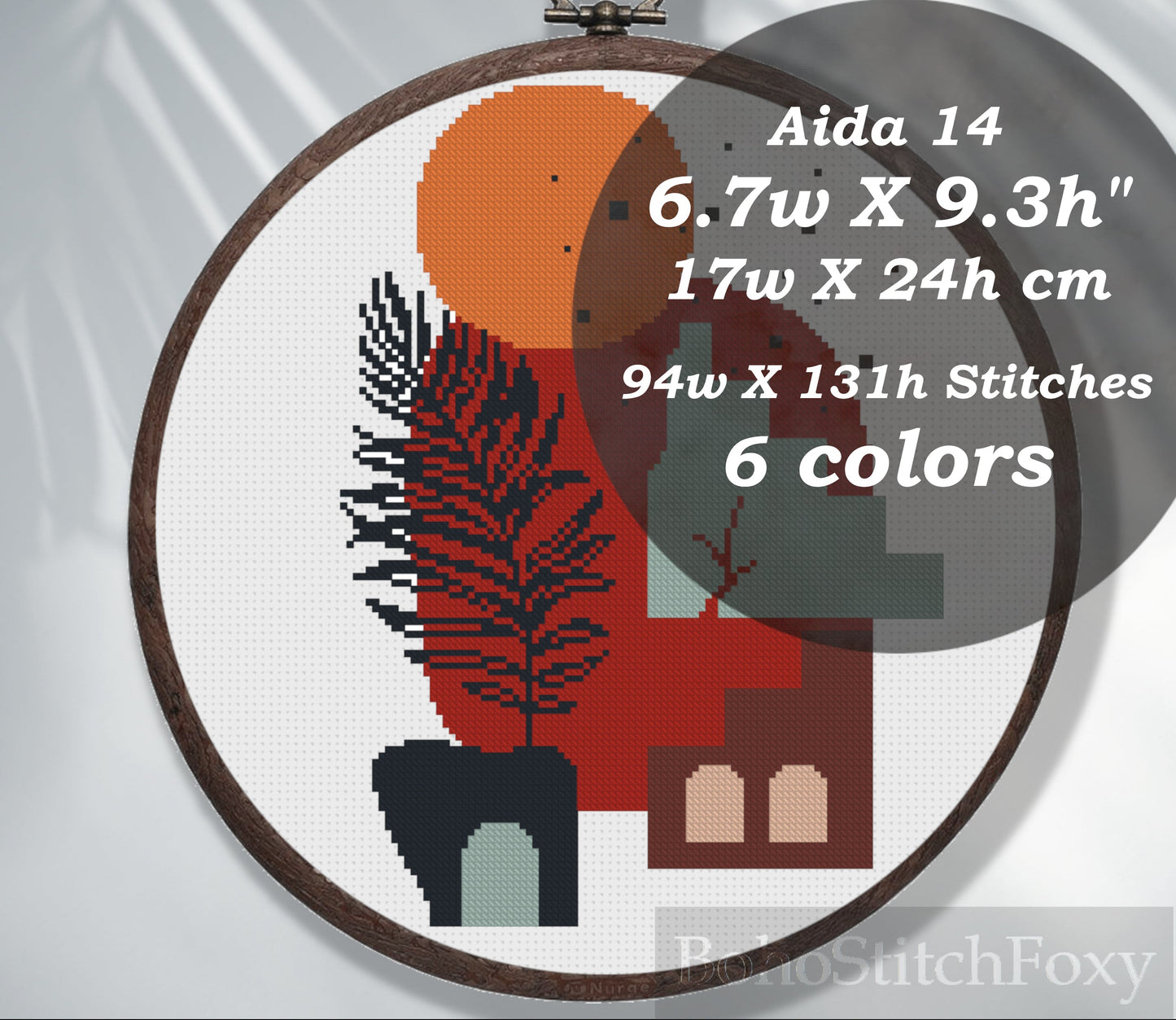 Boho sun mid century modern mini landscape cross stitch pattern