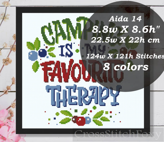 Camping Is My Therapy Cross Stitch Pattern US-UK spelling