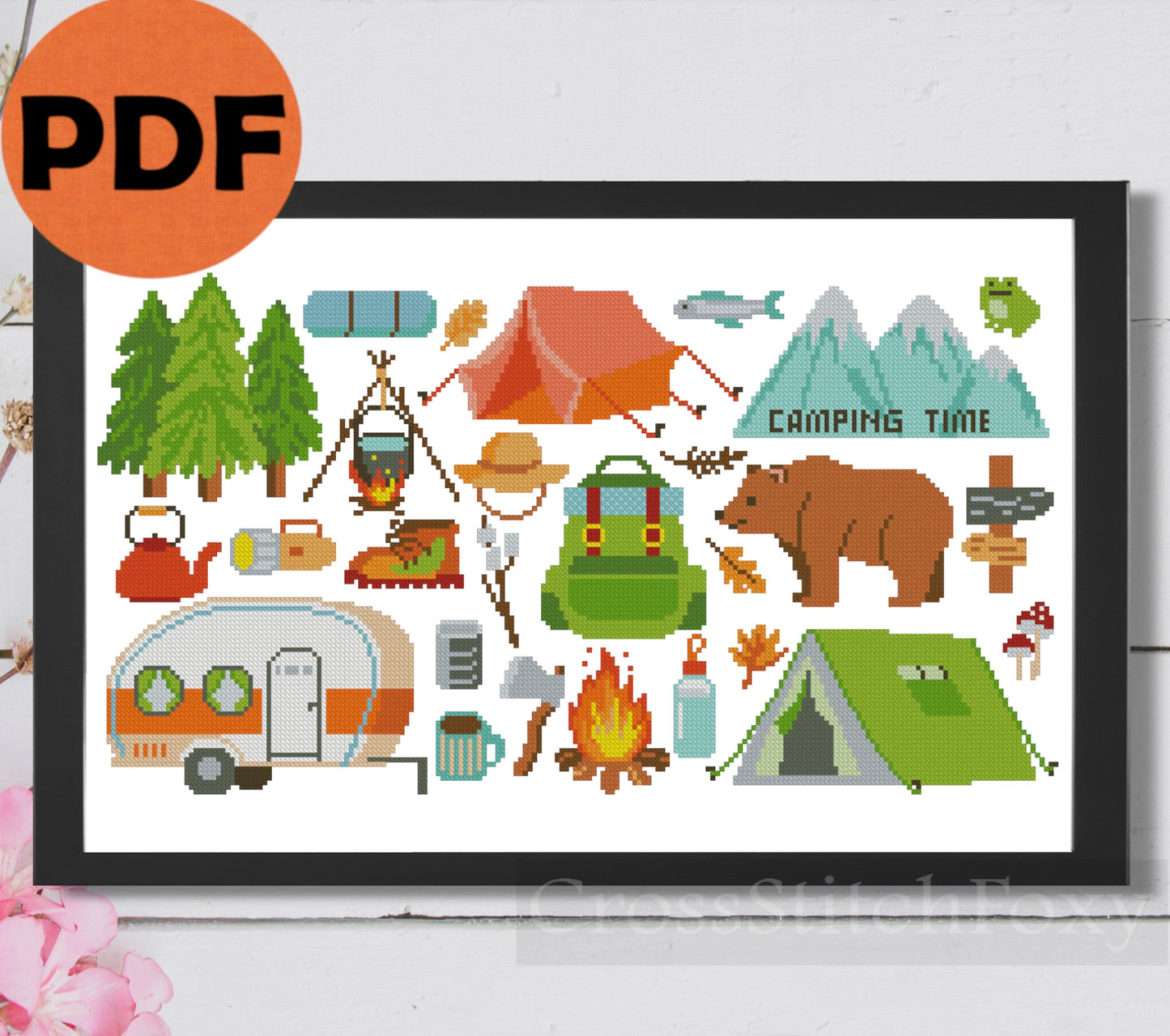 Camping cross stitch pattern PDF