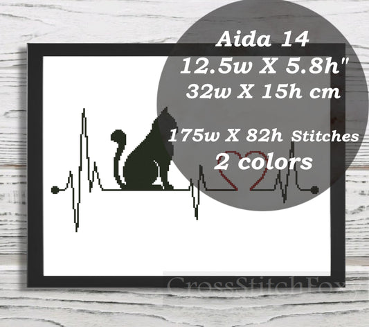 Cat Love Cardiogram cross stitch pattern