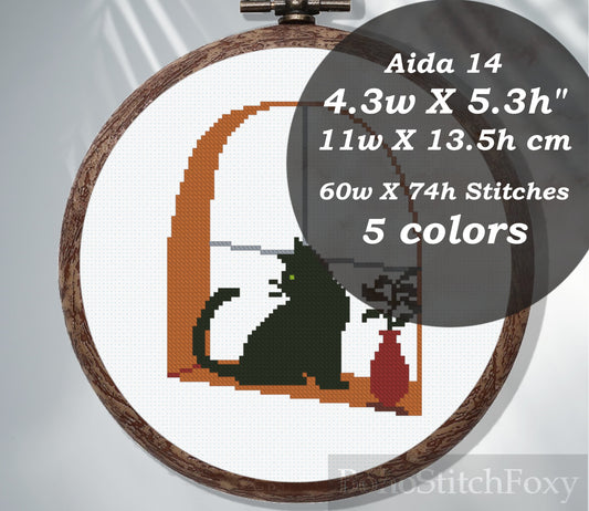 Cat on Window Plant Cross Stitch Pattern