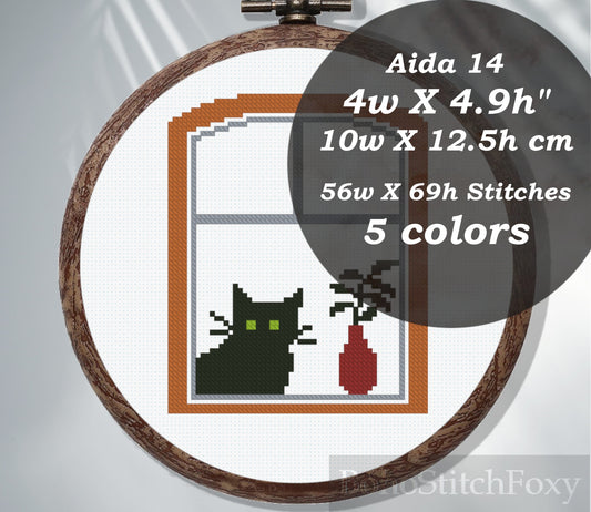 Cat on Window Plant Cross Stitch Pattern