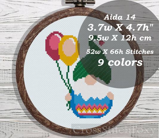 Easter Egg Gnome with Balloons cross stitch pattern
