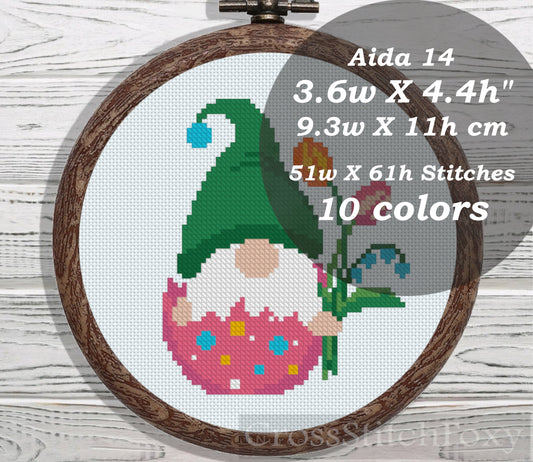 Easter Egg Gnome with Flowers cross stitch pattern