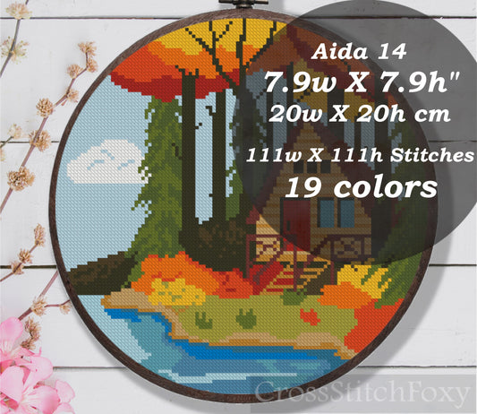 Fall Forest House Landscape Cross Stitch Pattern