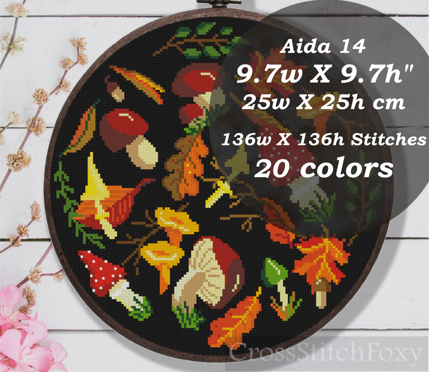 Fall Leaves Mushroom Cross Stitch Pattern