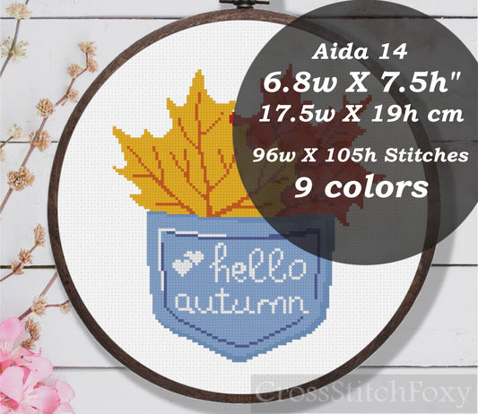 Fall Leaves Pocket Hello Autumn Cross Stitch Pattern