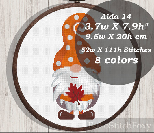 Fall gnome with leaf cross stitch pattern