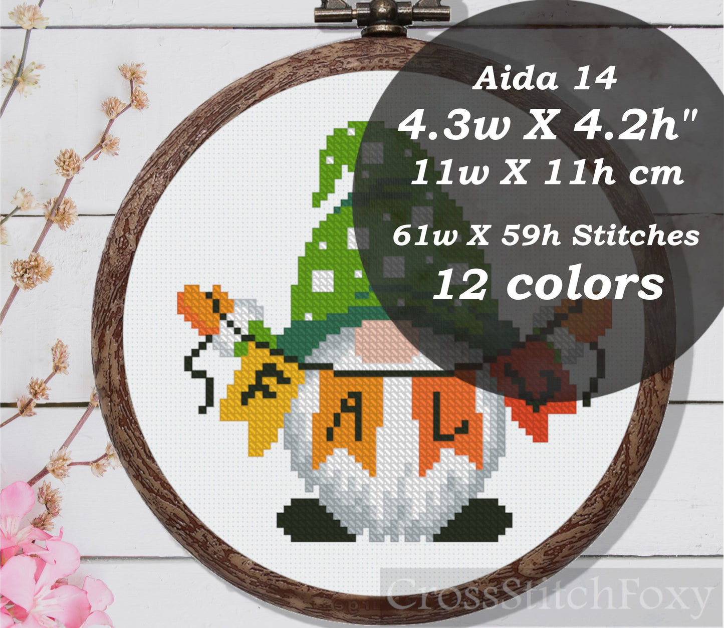 Fall gnome with bunting cross stitch pattern