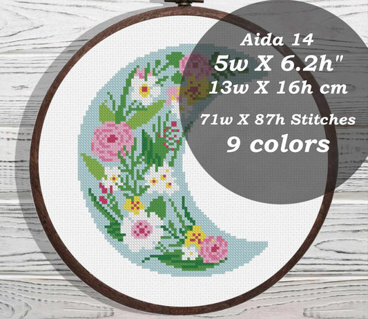 Floral moon cross stitch pattern