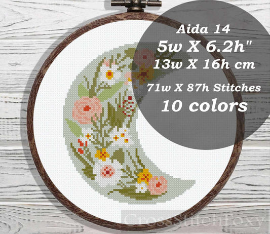 Floral moon cross stitch pattern