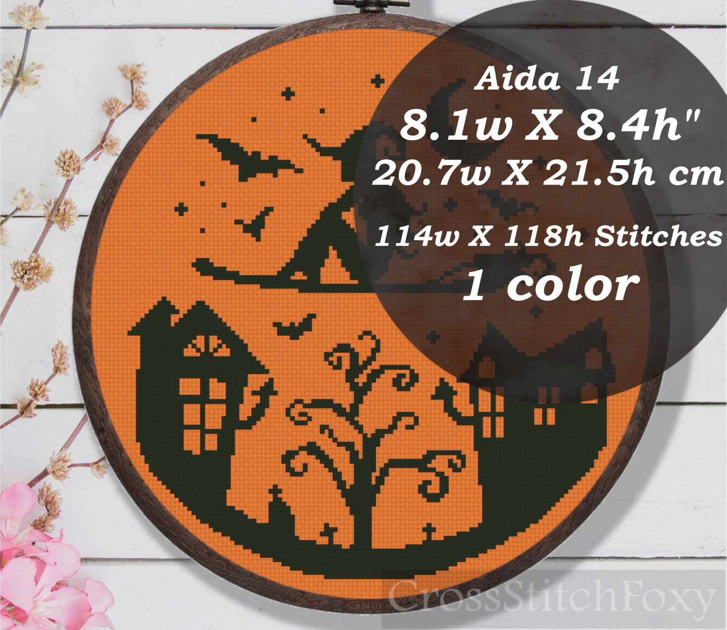 Flying Witch Broom Halloween Haunted House Cross Stitch Pattern