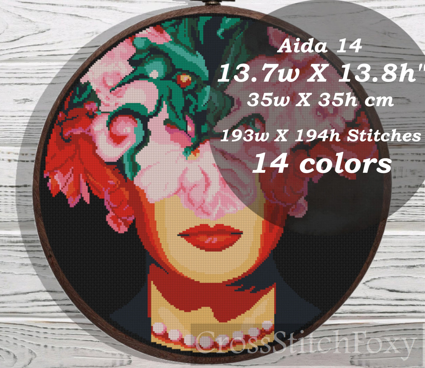 Frida Kahlo with Peoni cross stitch pattern