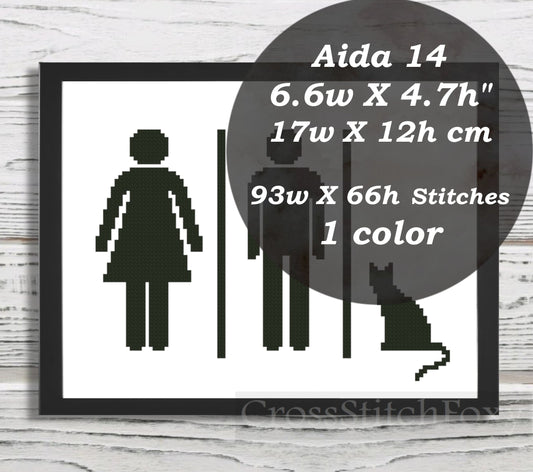 Funny restroom door sign with cat cross stitch pattern