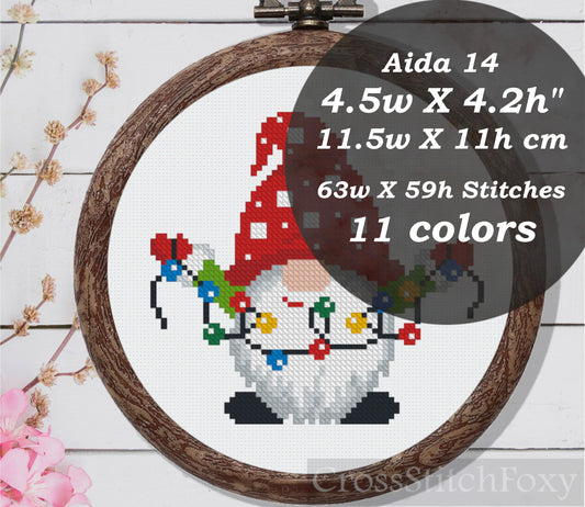 Gnome With Christmas Lights Cross Stitch Pattern