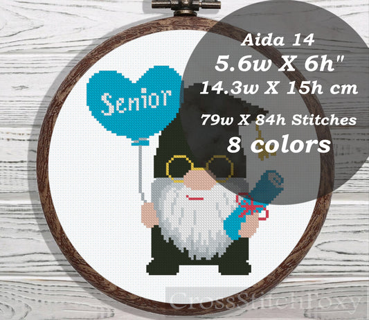 Graduation gnome cross stitch pattern