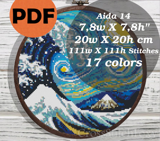 The Great Wave Starry Night cross stitch pattern