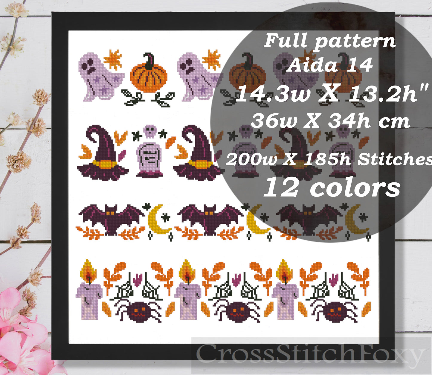 Halloween Borders Ghost Pumpkin Witch Hat Cross Stitch Patterns