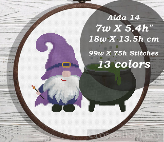 Halloween gnome with magic potion cross stitch pattern