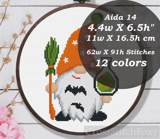 Halloween gnome with broom cross stitch pattern